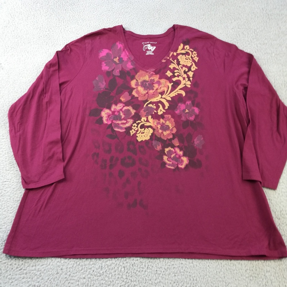 Just My Size Womens Tee Top Maroon Floral Gold Shimmer Long Sleeve Plus 5X